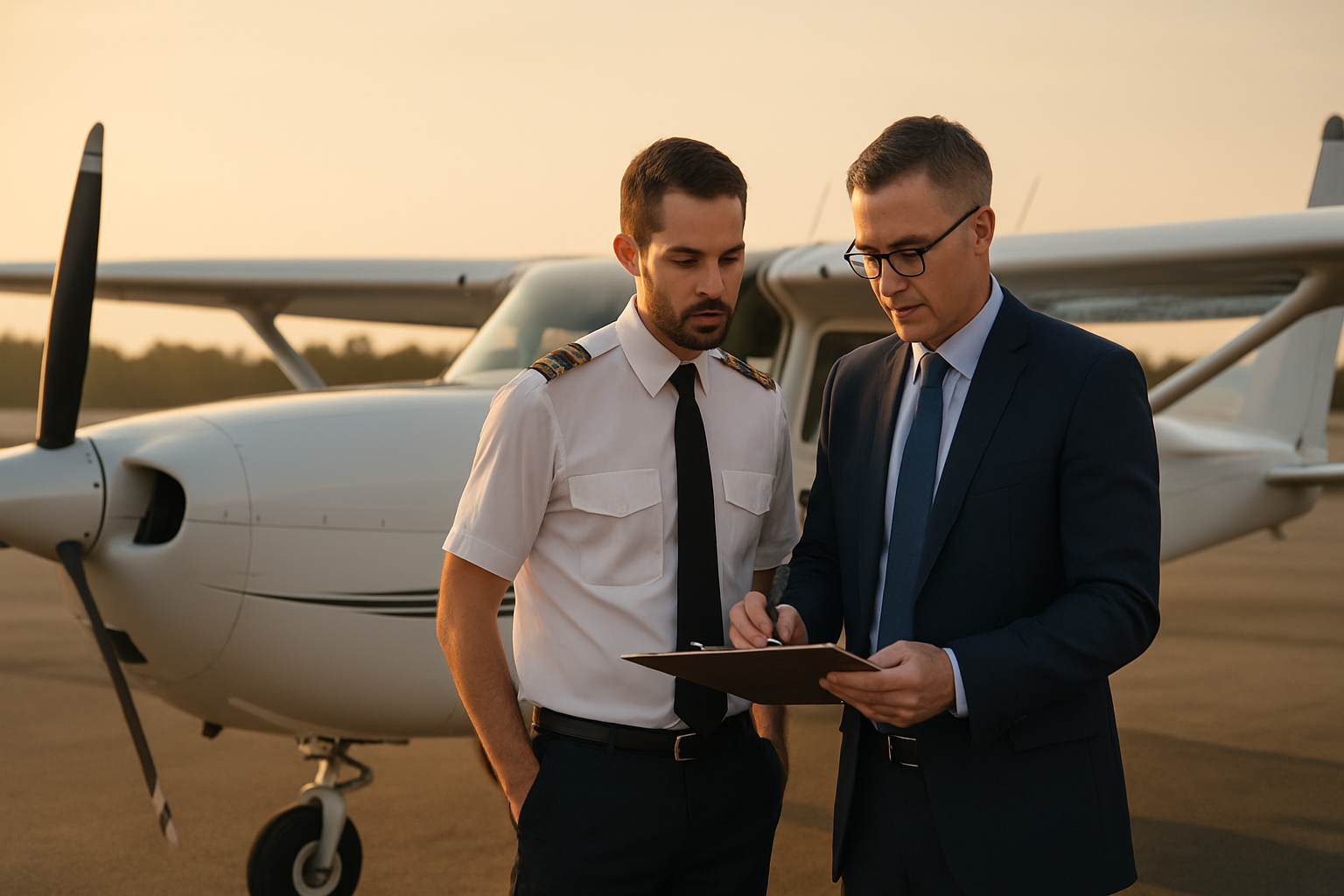 Pilot and aviation insurance advisor reviewing aircraft insurance paperwork beside a single-engine airplane